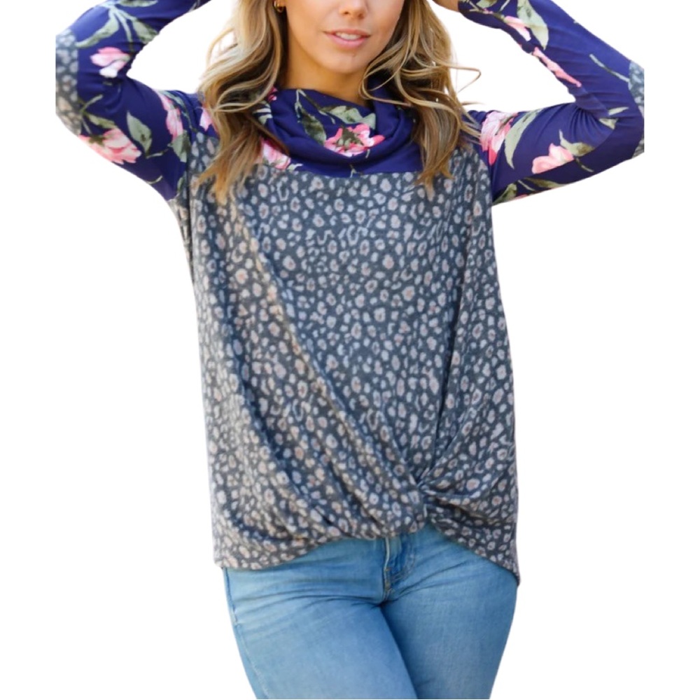 NEW BOUTIQUE FLORAL & ANIMAL PRINT TWIST HEM TOP - Picture 5 of 6